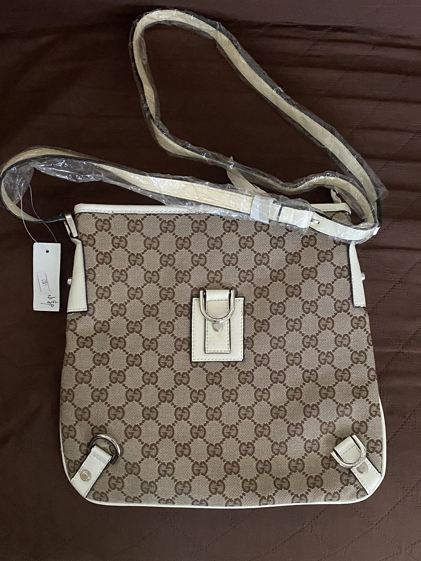 Gucci GG Canvas Crossbody Bag With White Leather Trim