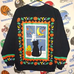 Vintage Spumoni Halloween Jack O Lantern Pumpkin Black Cat Ghost Crewneck Sweater Sweatshirt 