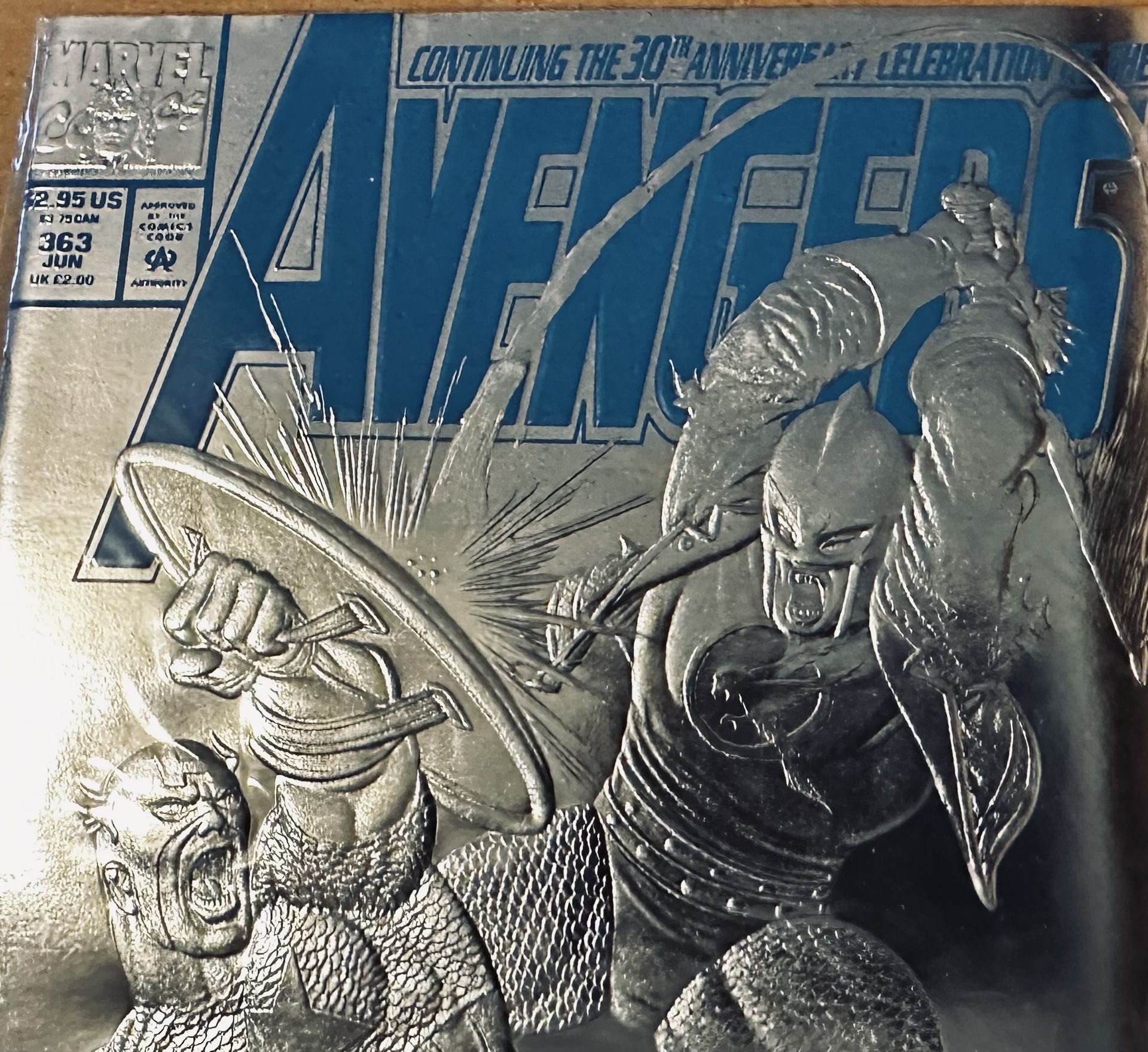 MARVEL COMICS EMBOSSED FOIL COVER OF 30 YEAR ANNIVERSARY “AVENGERS DISSENSION” JUNE 363 ENCLOSED IN AN ACID FREE REINFORCED ENVELOPE