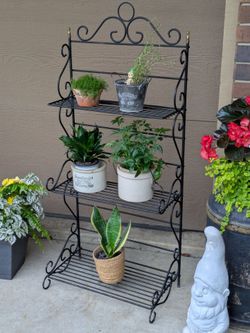 Vintage Cottagecore Wrought Iron Three Tiered Display Display or Plant Stand With Brass Finials