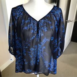 Express Navy Blue & Blue Floral Printed Blouse, Small