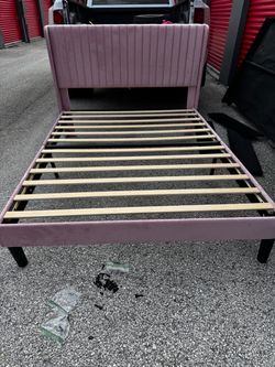 Queen Pink Velvet Upholstered Bed Frame with Headboard