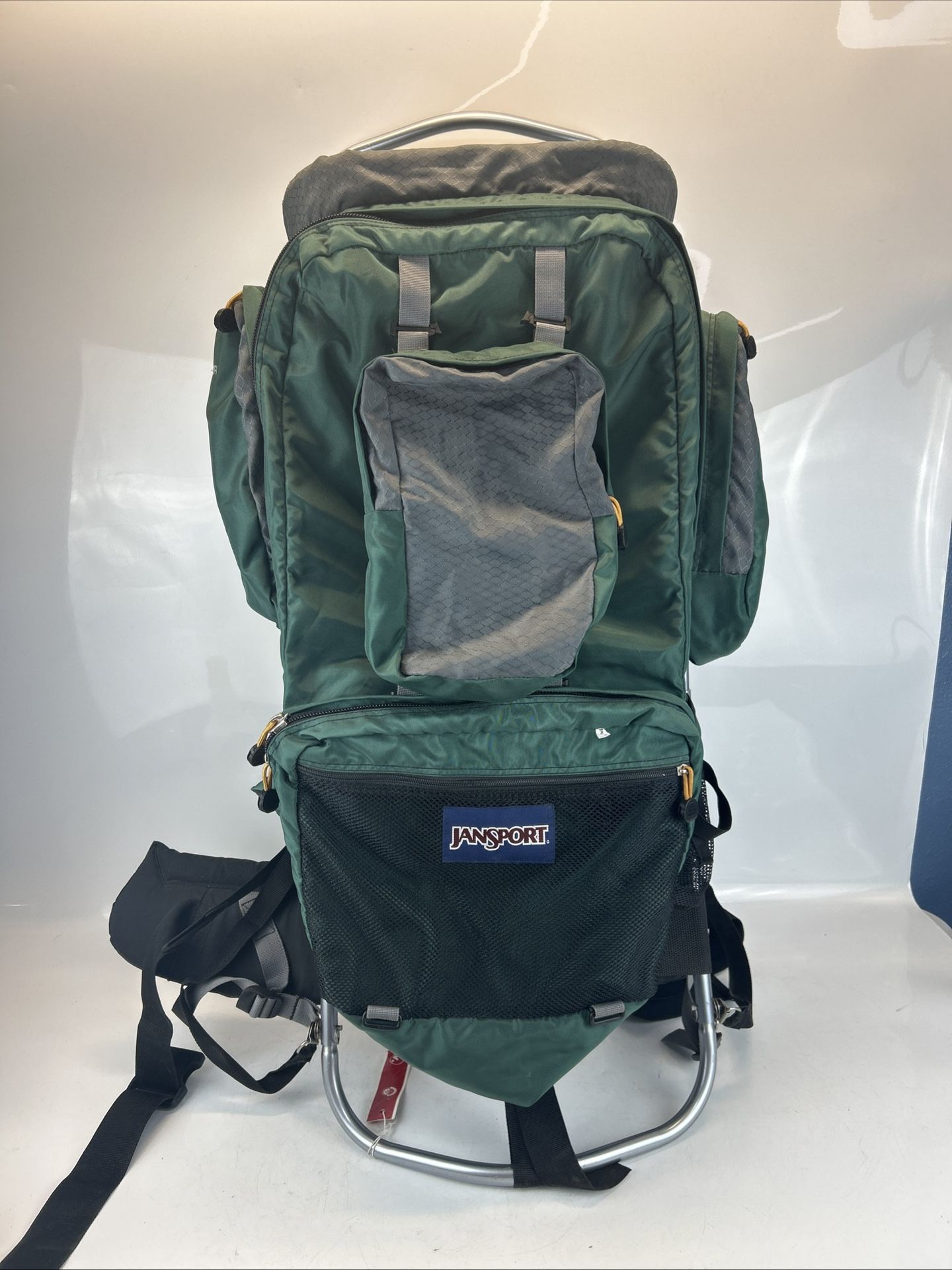 Vtg 90s JanSport Distressed External Frame Hiking Trekking Backpack Bag Green