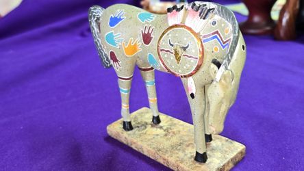 Native American Inspired Art Painted Ponies Horse Sculpture, featuring a design with painted hands and a medicine shield motif C5T116