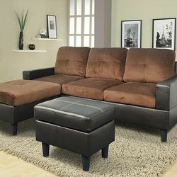 Brand New Brown Microfiber Sectional With A Reversible Chaise & Matching Footrest 