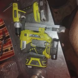 RYOBI DRILL/AIR STRIKE NAIL GUN./24V LITHIUM BATTERY/2 18V BATTERY/ AND CHARGER