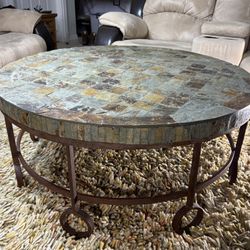 Slate Stone Coffee Table with Wrought Iron Base