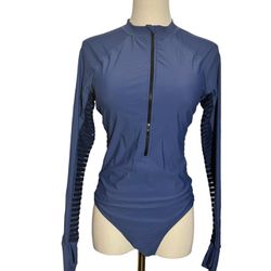Women's Blue Long Sleeve Zip Swimsuit XL - Rash Guard, See-Through Sides