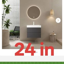 24 in. Singe Sink Wall Mount Gray Bath Vanity with White Solid Surface Top Unassembled