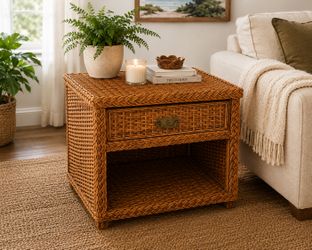 Vintage Coastal Wicker Side Table / Boho Rattan End Table with Drawer