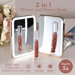 JENNI V LED Compact Mirror with Light, 5X Magnification and Power Bank Changer (rose Gold)