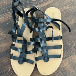 FOREVER 21 WOMENS Sz 9 BLACK FLAT GLADIATOR SANDALS STRAPPY SHOES - EXCELLENT CONDITION!