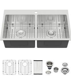 Drop In Double Bowl Sink - Logmey 32 Inch Stainless Steel Doble Sink 16 Gauge 50/50 Double Bowl Kitchen Sink 32x18x9 Inches Topmount Sink