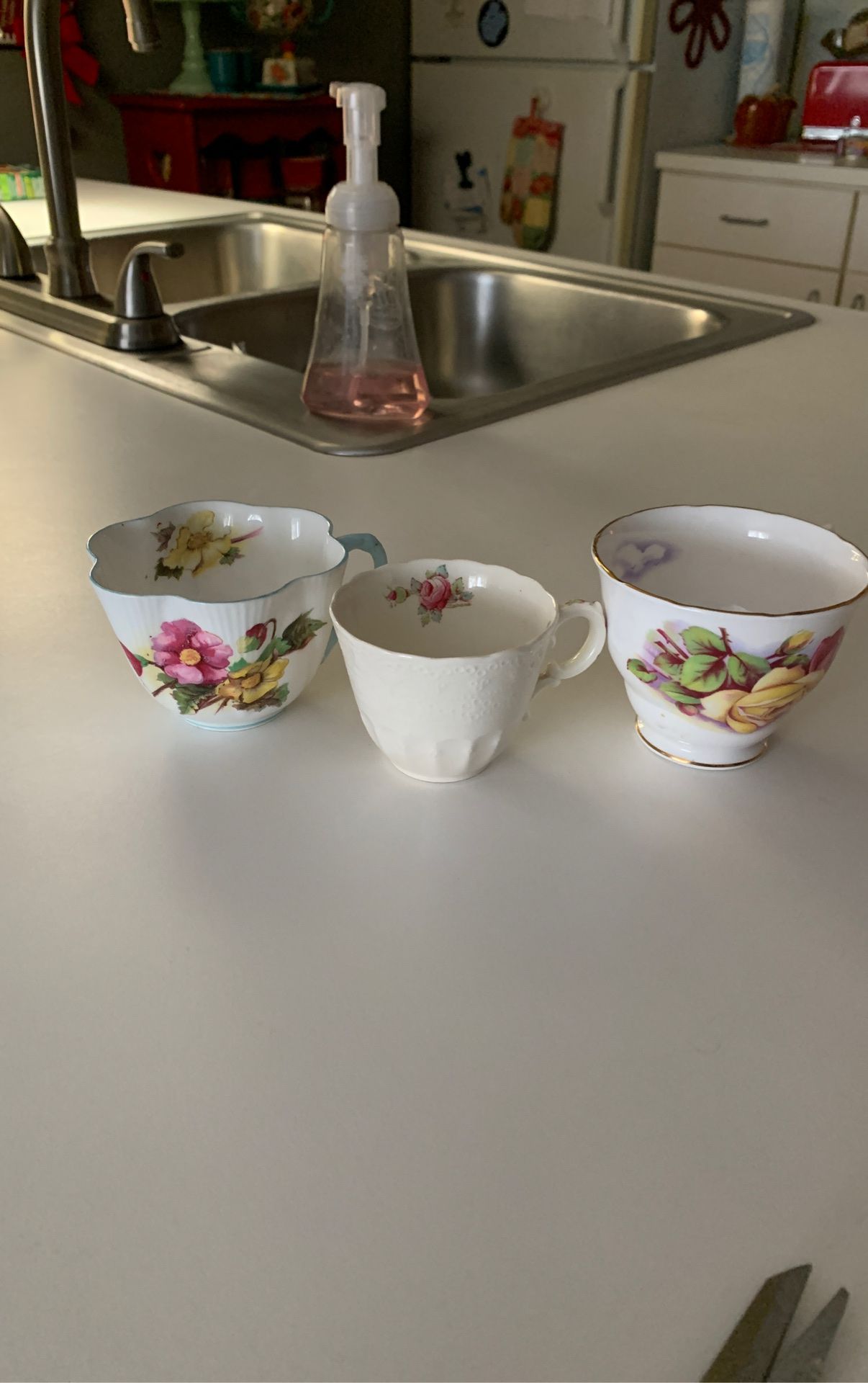 3 orphaned china cups Royal Osborne, Shelly England Dimitasse cup, Billingsly Rose Spode