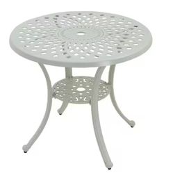 31 in. Round White Cast Aluminum Standard Height Outdoor Yard Bistro Table with Umbrella Hole