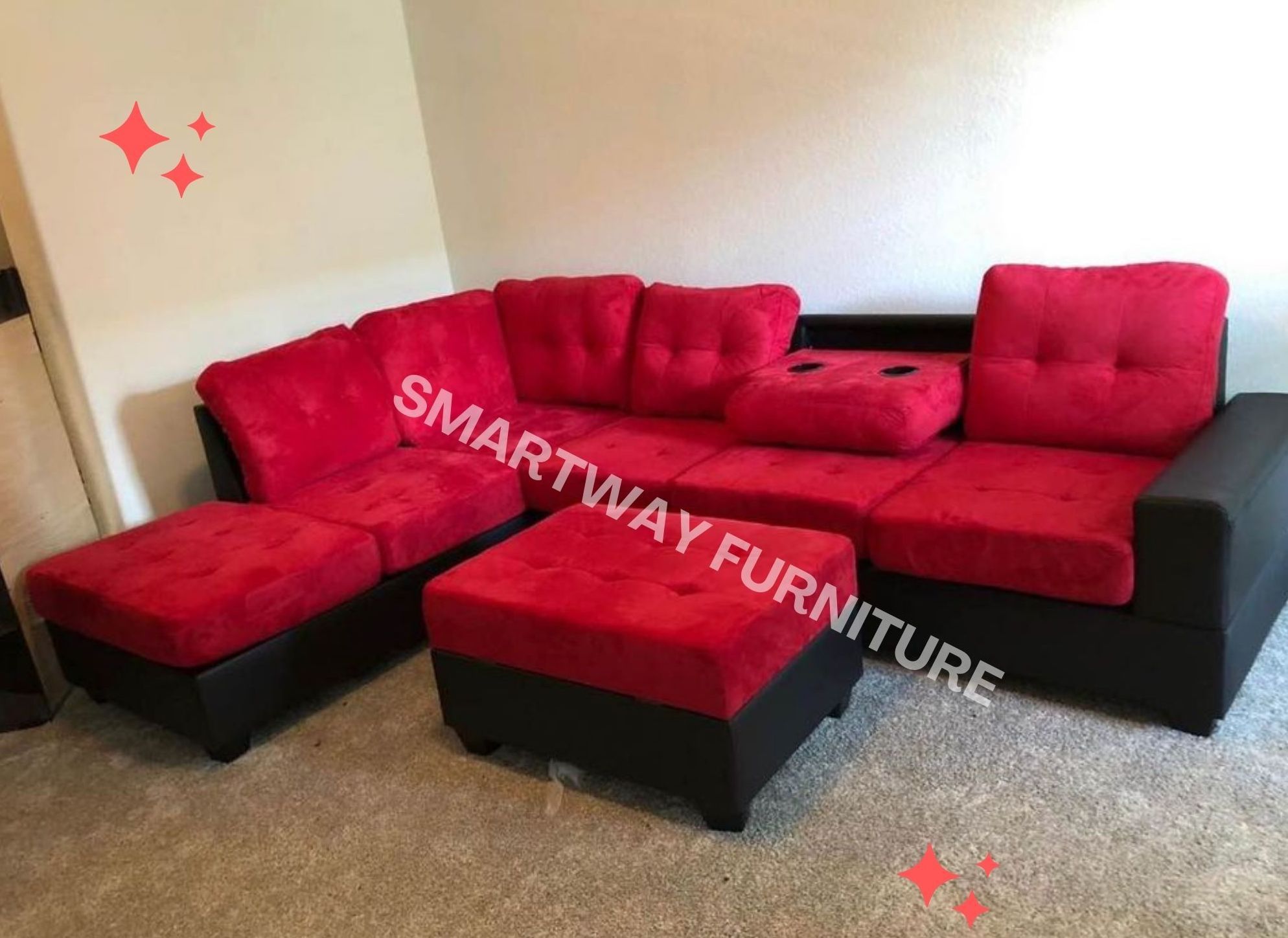 Red Sectional Fabric W Ottoman New Box