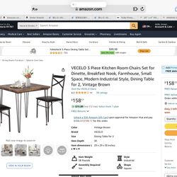 VECELO 3-Piece Table Chairs with Metal Legs for Kitchen, Dinette, Breakfast Nook, Dining Set for 2, Retro Brown and Black