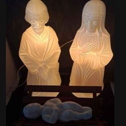 Nativity Set  Mary, Joseph, Jesus & Manger, 17.5” White Blow Mold-Light Up-VINTAGE