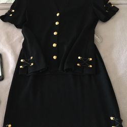 St John Black Knit With Criss-Cross Gold Button Design