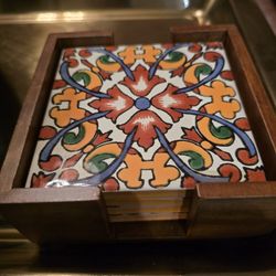 4 Talavera Coasters with Walnut Holder