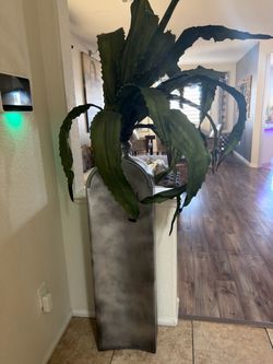 Tall Gray Floor Vase with Large Plant