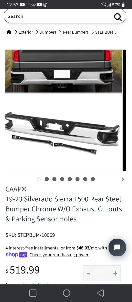 1923 Silverado Sierra 1500 Rear Steel Bumper Chrome W/O Exhaust Cutouts & Parking Sensor Holes