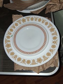 Corelle Butterfly Gold dinner plate and a White Milk glass dessert plate with scroll work
