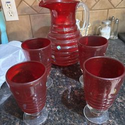 Red Glass Pitcher and 4 Drinking Glasses