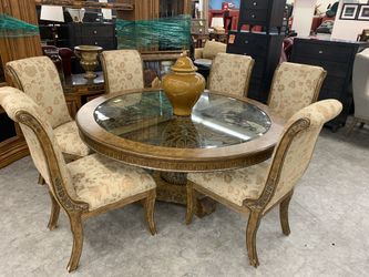 Thomasville round wrought iron glass top table with 6 chairs