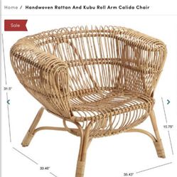 Handwoven Rattan and Kubu Roll Arm Calida Chair Used WORLD MARKET 