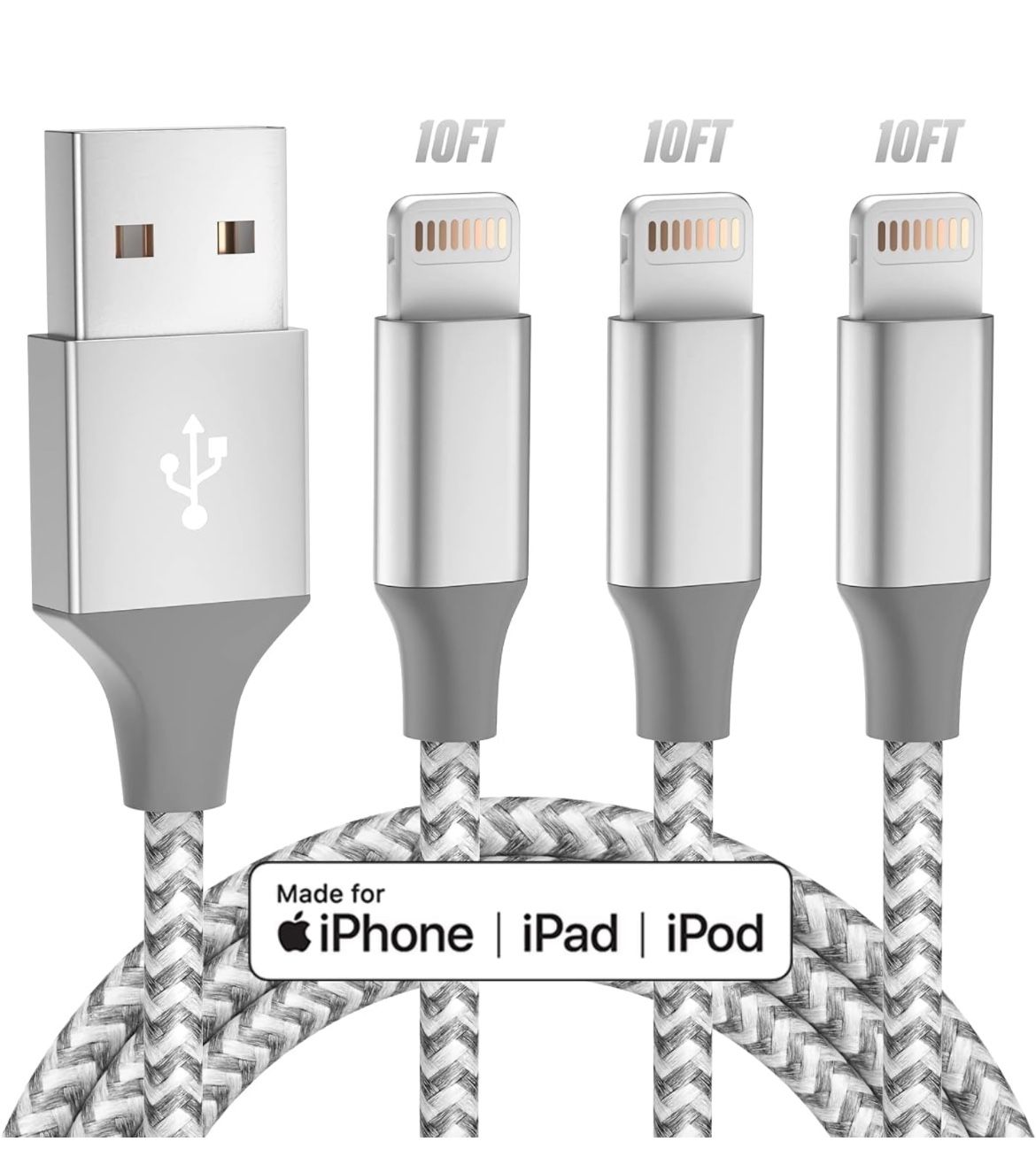 Brand new in package iPhone Charger Lightning Cable USB 10FT Long Fast Charging High Speed Data Sync 3pack Apple MFi Certified(Grey White)