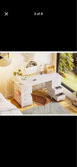 White Vanity Desk with 8 Drawers – Makeup Table or Office Desk