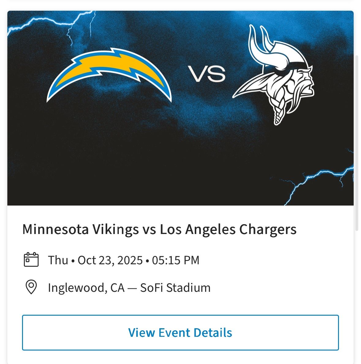 β‘ Chargers vs. Vikings (Thursday Night Football) - Section C117, Row 5
