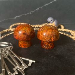 Mushroom Salt and Pepper Set speckled Orange/Brown Stone
