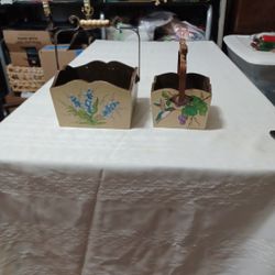 Vtg. Wooden. Hand Painted Baskets With Handles