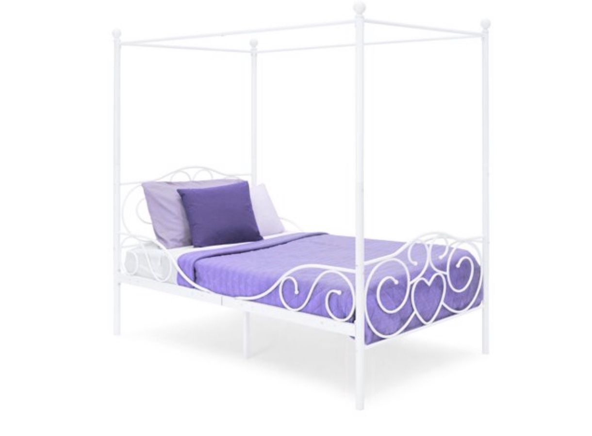Products 4 Post Metal Canopy Twin Bed Frame w/ Heart Scroll Design, Slats, Headboard, and Footboard - White