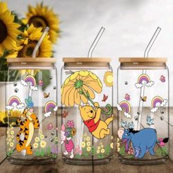 Flower Winnie Pooh glass cups with glass straw 