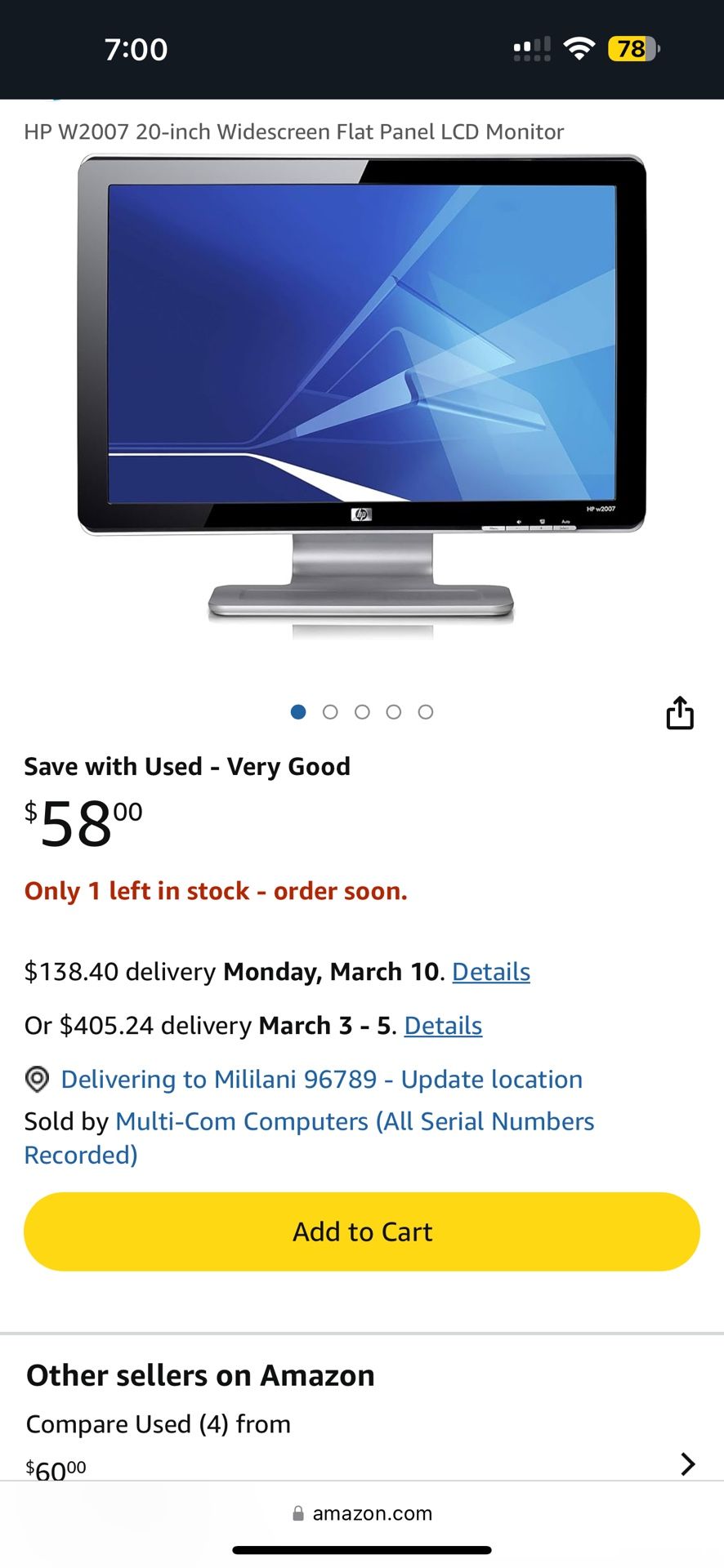 HP w2007 20 inch lcd monitor, working, w/ power cable, pickup Waipahu