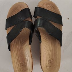 Crocs Leather Cork Wedge Sandals 