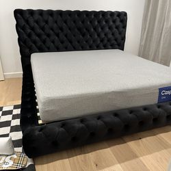 King Size Bed Frame Mattress Included   🔥  Black Velvet  Upholstery Bed Frame   🔥  Bonita Cama King color Negra / Colchon Incluido