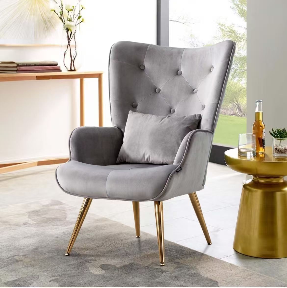 Modern Accent Chair, Velvet Lounge Chair, Living Room/Bedroom Arm Chair with Pillow, Button Tufted, Golden Finished,Gray (HAC-11064M1A)