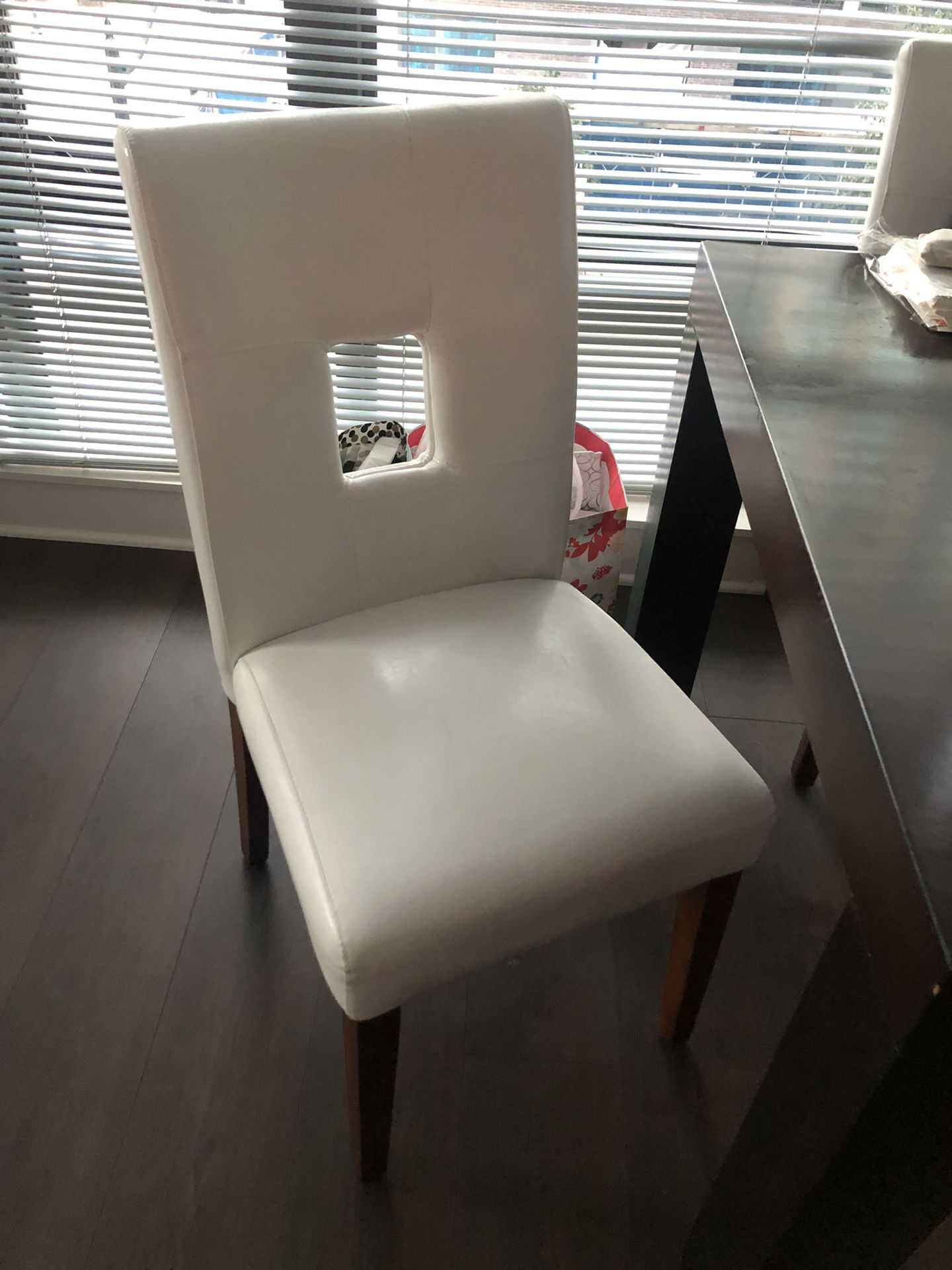 Set of 4 off white leatherette chairs with medium brown legs