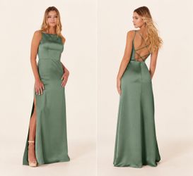 Mori Lee sz 16 Moss Green Luxe Satin Bridesmaid Gown Strappy Back NWT Prom $490