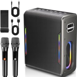 Brandnew Karaoke Machine with Two Wireless Microphones, Powerful Portable Bluetooth Speaker for Adults & Kids, PA System with 2 Voice Mode, LED Lights