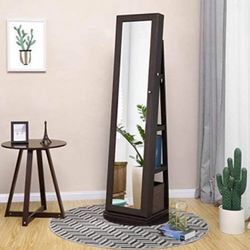 360°Rotatable Jewelry Organizer Cabinet Armoire with Storage Shelf,Lockable, Brown UJJC62BR 