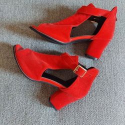 Red Velvet Block Heel Sandals Size 9