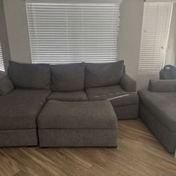 Grey Sofa With Large Chair & Ottoman