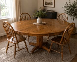 Solid Oak Expandable Pedestal Dining Table w/ Leaf – Round to Oval – Seats 6–8- NO CHAIRS