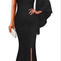 Women's Elegant One Bell Sleeve Side Split Long Paty Mermaid Formal Dress

Black
