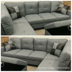 Brand New Grey Denim Linen Sectional With Storage Ottoman